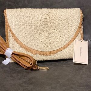 NEW Chic Beige and Tan Crescent Ross body bag with Woven Texture